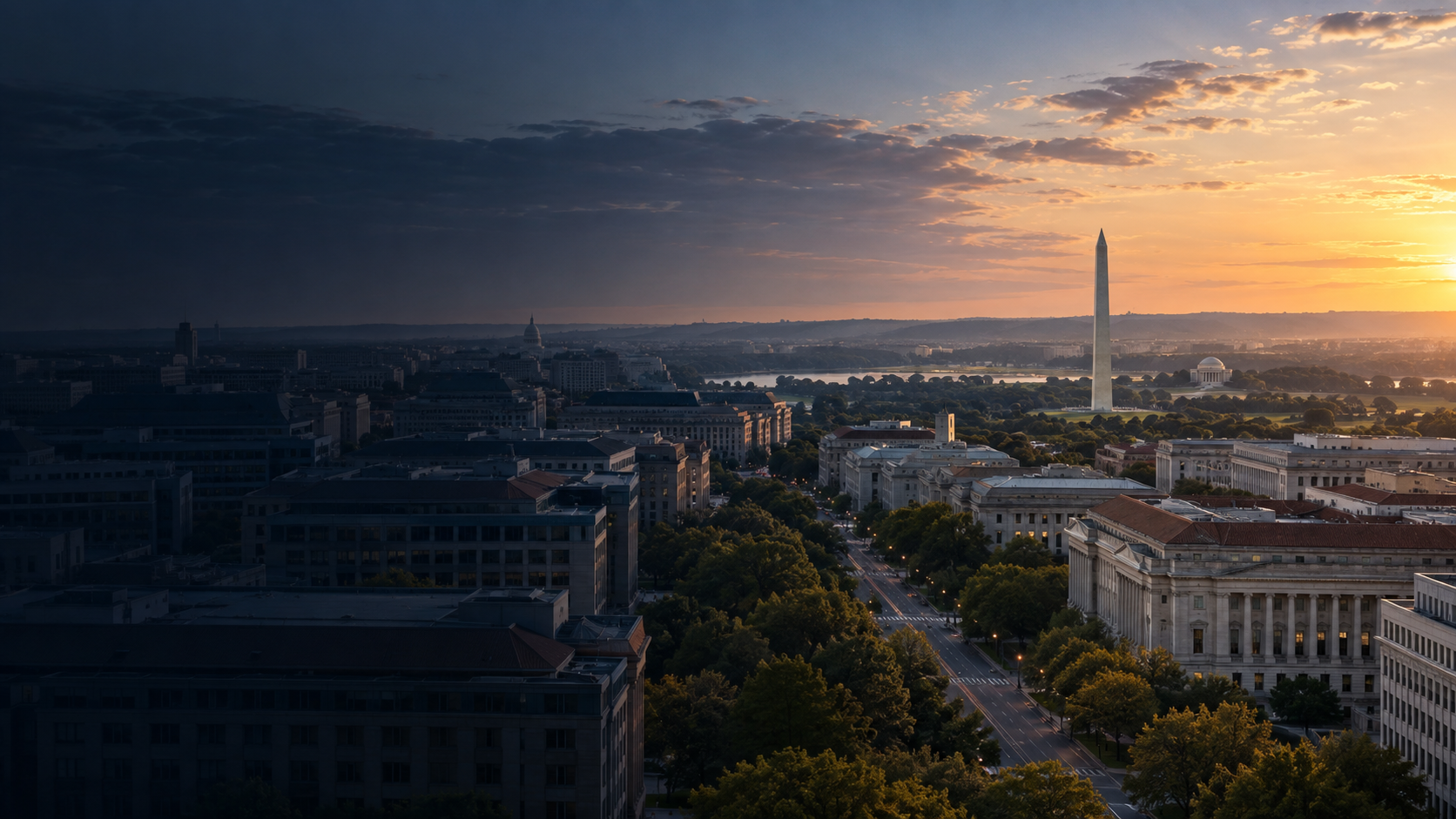 Washington Monument and downtown Washington skyline at sunrise